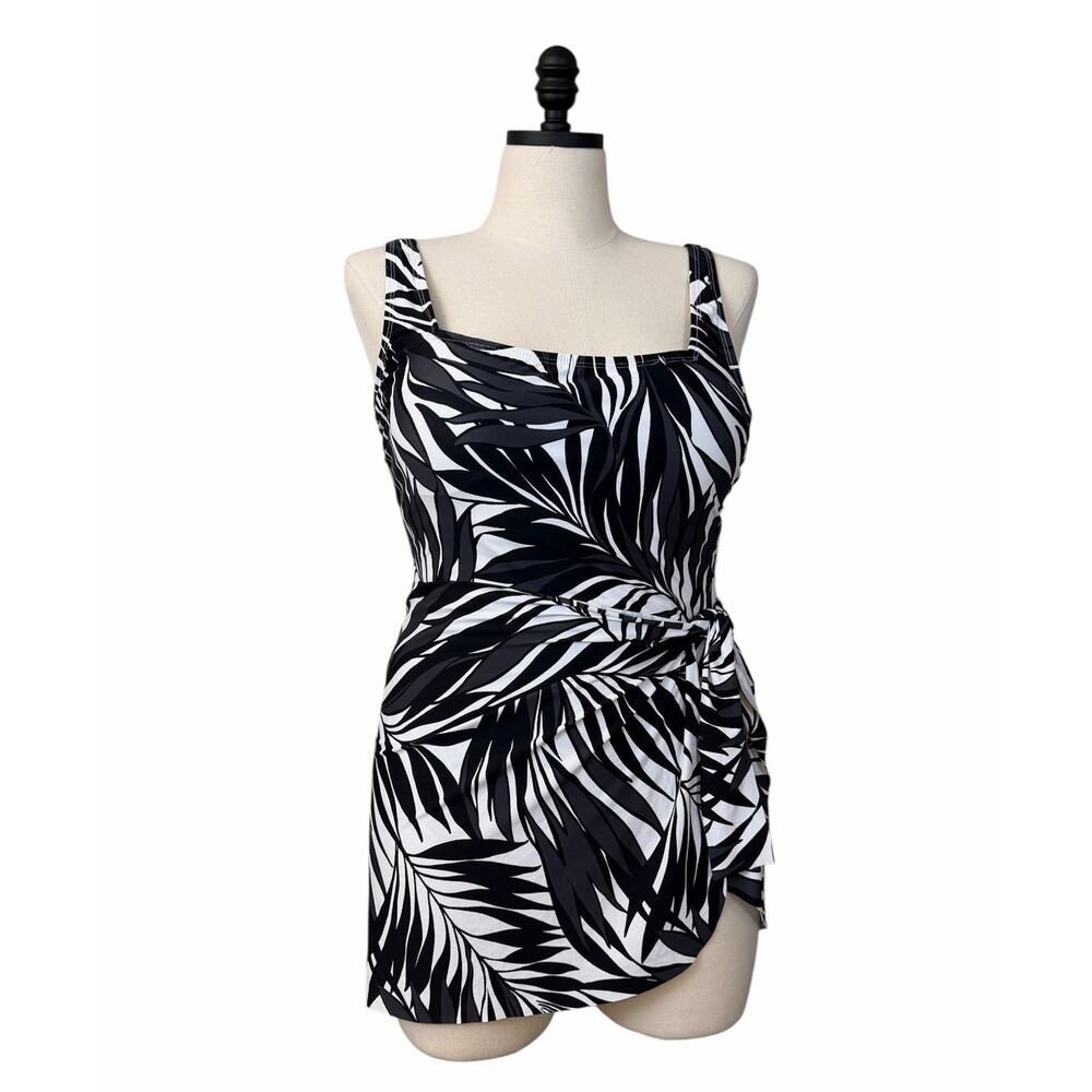 Anne Cole Palm Print Swim Dress Swimsuit Size XXL Black White Sarong UPF 50 NWT